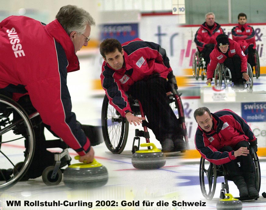 Die «goldenen Zeiten» des Schweizer Rollstuhl-Curlings: Das Team von 2002 mit Skip Urs Bucher, Cesare Cassani, Manfred Bolliger und Therese Kämpfer.